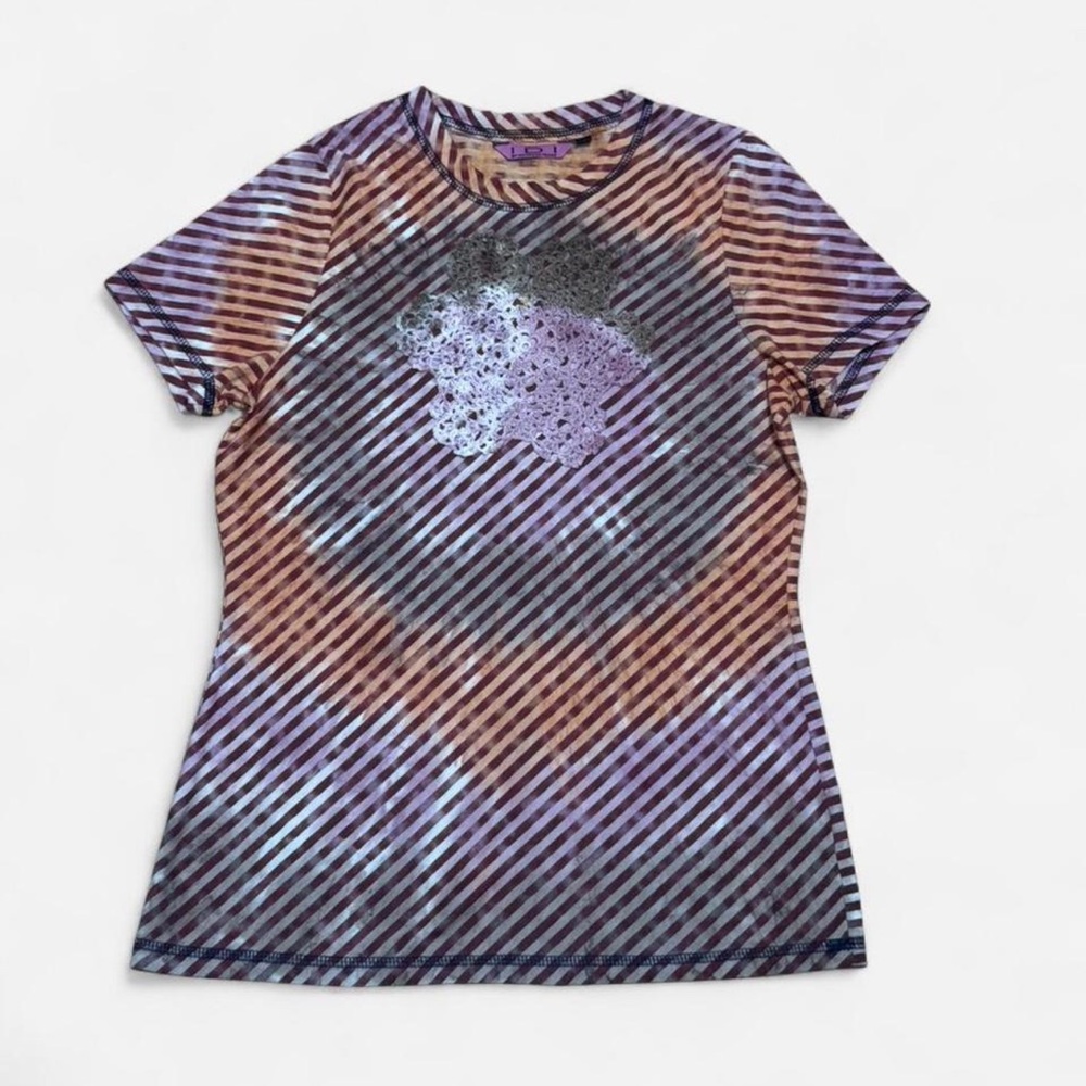 Y2K Beaded Floral Stripe Short Sleeve Tee - Purple/Brown
